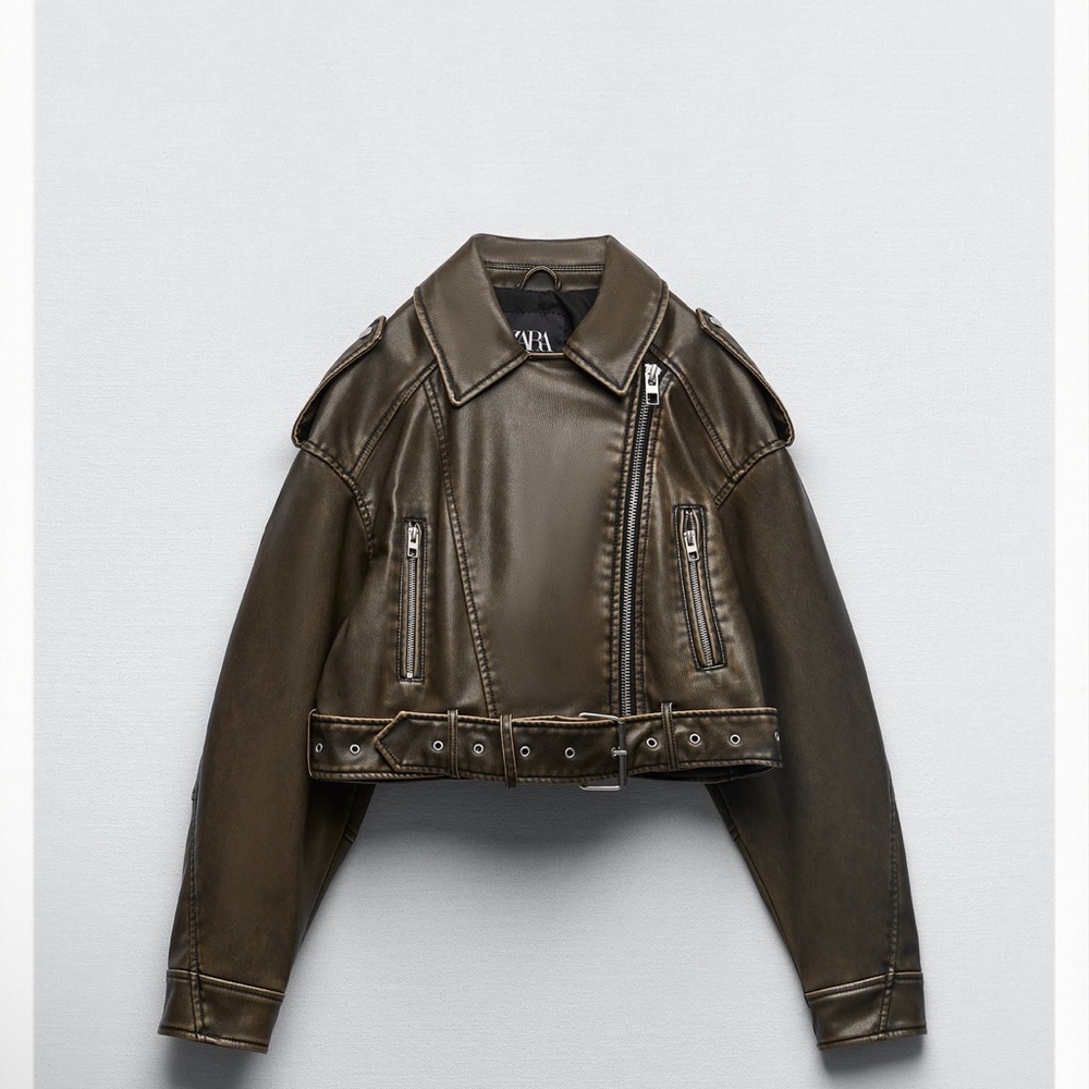 Zara Faux Leather Cropped Motorcycle Jacket in Charcoal Size XL